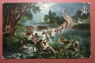 Tsarist Russia Postcard 1909s Nude Mermaid Witches Magical Dance Old Church Moon