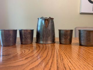Gorham 5 Piece Set Of Americana Themed Pewter Pitcher And Cups