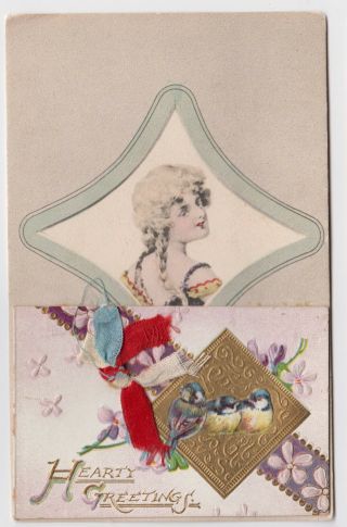 Pre - 1908 Embossed Fold Out Udb Antique Christmas Postcard W Ribbon