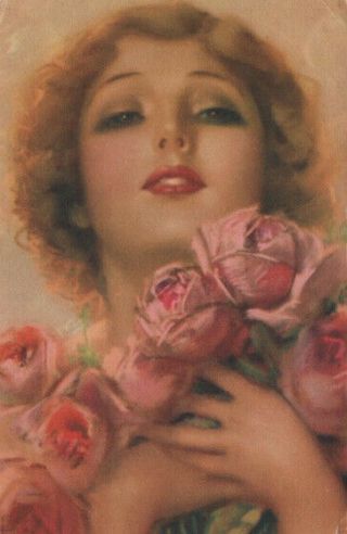 F.  Earl Christy Glamour Lady W/ Roses Vint.  Postcard Lovely