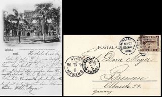 Usa Hawaii Honolulu Goverment Building Old Postcard 1898 Mailed To Germany