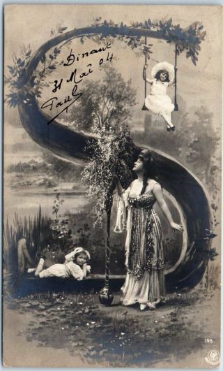Vintage Large Letter " S " Postcard Fantasy Pretty Lady Girl On Swing France 1904