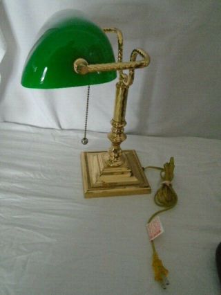 Vintage Bankers Lamp With Green Glass Shade Swirl Finish