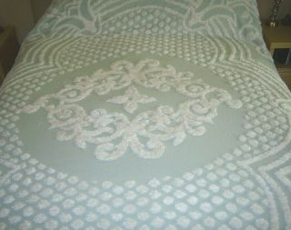 Vintage Chenille Bedspread King White & Soft Turquoise Blue W Polka Dots & Swags