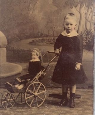 Antique Tintype Photo Girl With Dress Alike Doll And Carriage Sixth Plate