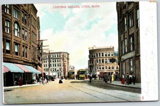 Vintage Ma Postcard Central Square Shops Streetcars Lynn Mass Massachusetts A03