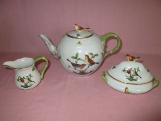 Herend Hungary Porcelain Rothschild Bird 3 Piece Tea Set Teapot,  Creamer,  Sugar 2