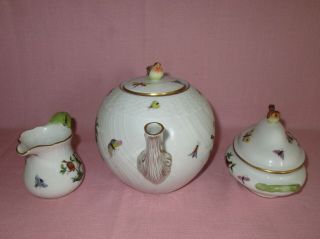 Herend Hungary Porcelain Rothschild Bird 3 Piece Tea Set Teapot,  Creamer,  Sugar 4