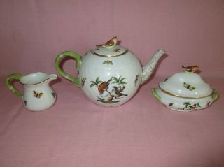 Herend Hungary Porcelain Rothschild Bird 3 Piece Tea Set Teapot,  Creamer,  Sugar 5