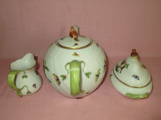 Herend Hungary Porcelain Rothschild Bird 3 Piece Tea Set Teapot,  Creamer,  Sugar 6