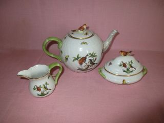 Herend Hungary Porcelain Rothschild Bird 3 Piece Tea Set Teapot,  Creamer,  Sugar 7
