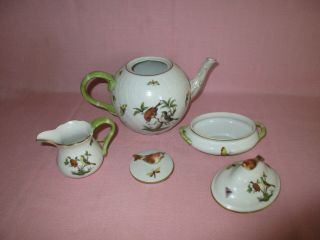Herend Hungary Porcelain Rothschild Bird 3 Piece Tea Set Teapot,  Creamer,  Sugar 8