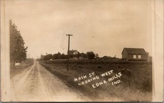 Edna Mills Indiana Main Street West Farm Fields & Houses Dirt Road C1915 Rppc
