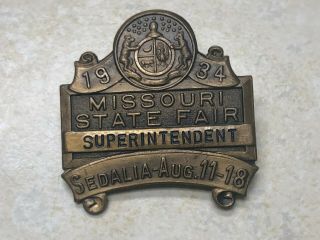 1934 Missouri State Fair Superintendent Pin - Sedalia,  Missouri