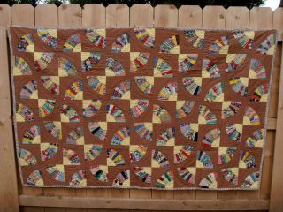 Vtg Hand Stitched Cotton Feedsack Fabric Batted Quilt Brown Fan Butterfly 54x84