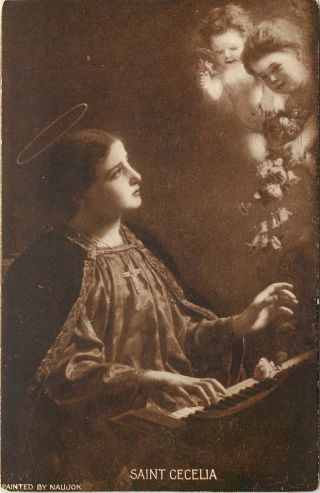 C1910 Religious Art Postcard Catholic Saint Cecelia At Piano Sees Vision Angels
