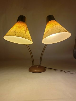 Vintage Mid Century Mcm Double Arm Gooseneck Table Lamp Fiberglass Cone Shades