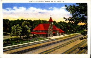 Michigan Central Depot Niles Michigan Mi 1930s Linen Postcard