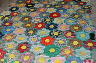 Vintage Hand Sewn Feedsack Cotton Quilt Top 78 " X 79 " Patchwork Flower