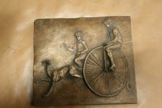 Nancy Dupont Twyman - Bronze Plaque W/ Greyhound Dog,  Boys.  High Wheel Bicycle