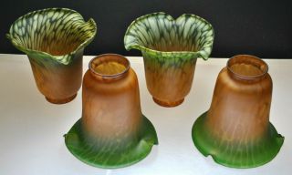 VINTAGE LILY SHAPED HAND COLORED FROSTED GLASS SHADES GREEN & AMBER TIFFANY STYL 2