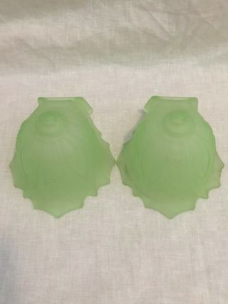 Rare Pair ART DECO GREEN Vaseline GLASS SLIP SHADES for Fixture or Sconce c1930s 2