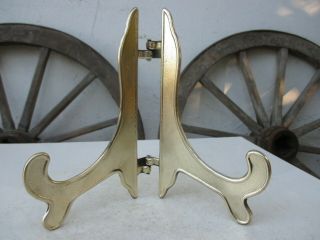 Vintage Solid Brass Thick Pair For Plate Or Book Holder Stand Easels Folding