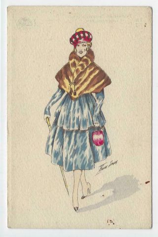 Artist Signed Xavier Sager Art Nouveau Woman In Fur Stole Postcard Vtg