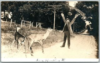 Scared Hunter W/ Rifle & Deer 1914 Vintage Real Photo Postcard Rppc Photomontage