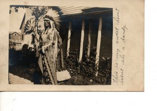 Rppc American Indian Head Dress Feathers Weird Pose Cigar Store 980