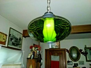 VINTAGE 60 ' s UFO MARTIAN GREEN GLASS GLOBE SWAG LIGHT FIXTURE MID CENTURY MODERN 2