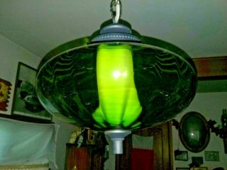 VINTAGE 60 ' s UFO MARTIAN GREEN GLASS GLOBE SWAG LIGHT FIXTURE MID CENTURY MODERN 3