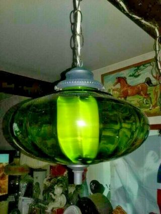 VINTAGE 60 ' s UFO MARTIAN GREEN GLASS GLOBE SWAG LIGHT FIXTURE MID CENTURY MODERN 5