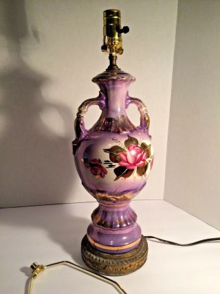 Vintage Hand Painted Porcelain Rose Floral Urn Table Lamp,  Gold Trim