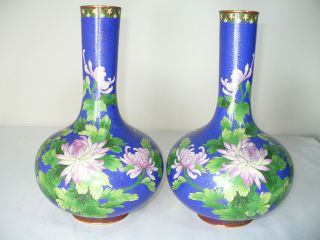Antique Blue Cloisonne Enamled Brass Floral Pattern Vase Set - L@@k