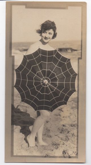 Large 1920s Risque Art Photo Of Pretty Woman With Umbrella On Beach