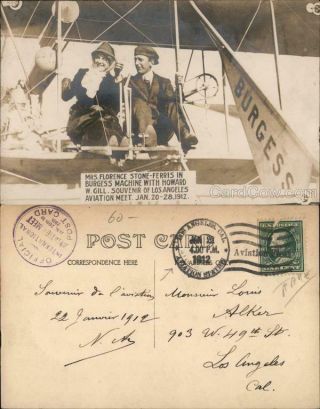Aviator 1912 Rppc Mrs.  Florence Stone - Ferris In Burgess Machine With Howard W.  G