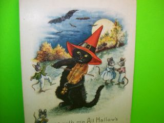 Whitney Halloween Post Card Black Cat Witch Violin Musician Antique 23