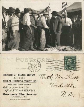 1921 Rppc Billings,  Mt Theodore Roosevelt Shaking Hands With Cowboys Montana