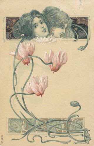 Lovely Ladies In Magnolia Art Nouveau Design C.  1905