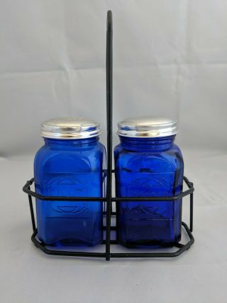 Vintage Glass Cobalt Blue Embossed Salt & Pepper Shaker W/caddy