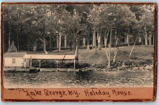 1906 Lake George Leather Postcard " Holiday House " W/ Boat House View Add - On