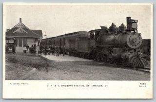 St Charles Mo Mk&t Railroad Station Train At Katy Depot Engine 293 Workers C1905