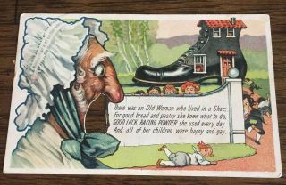 Vintage Good Luck Baking Powder Novelty Postcard Old Woman Shoe Nursery Rhyme
