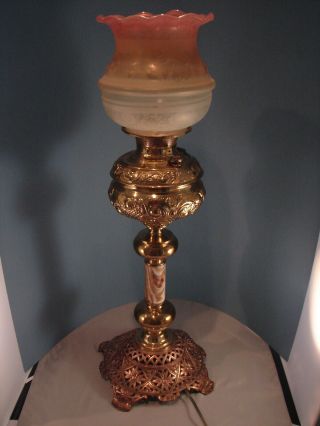 Antique Parker Bros Brass Table Lamp,  Was Oil,  But Electrified,  Rose Globe