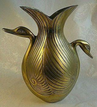Rare Vintage Solid Brass Vase With Duck Or Goose Or Swan Head Handles