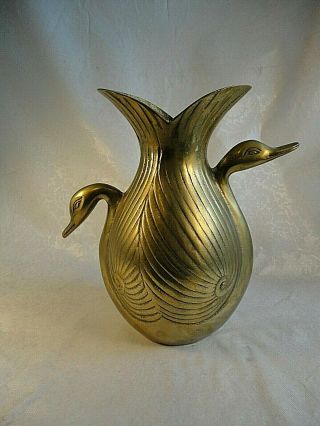 Rare Vintage SOLID BRASS VASE With DUCK or GOOSE or SWAN Head HANDLES 2