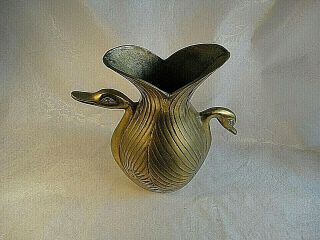 Rare Vintage SOLID BRASS VASE With DUCK or GOOSE or SWAN Head HANDLES 3