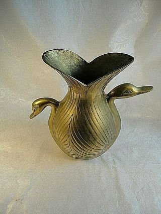 Rare Vintage SOLID BRASS VASE With DUCK or GOOSE or SWAN Head HANDLES 5