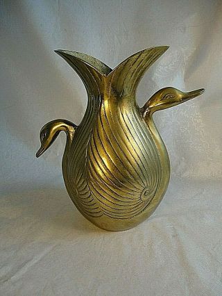 Rare Vintage SOLID BRASS VASE With DUCK or GOOSE or SWAN Head HANDLES 6